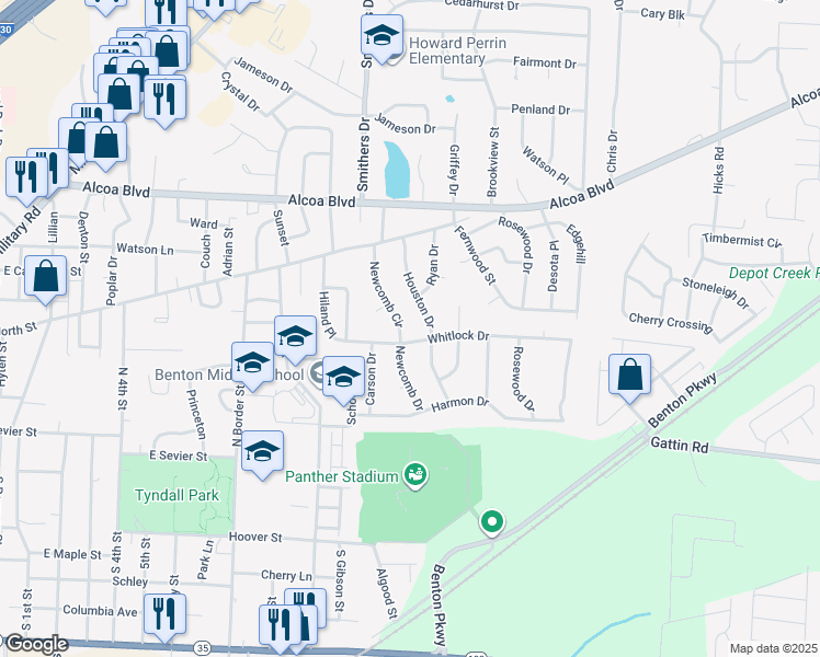 map of restaurants, bars, coffee shops, grocery stores, and more near 601 Newcomb Drive in Benton