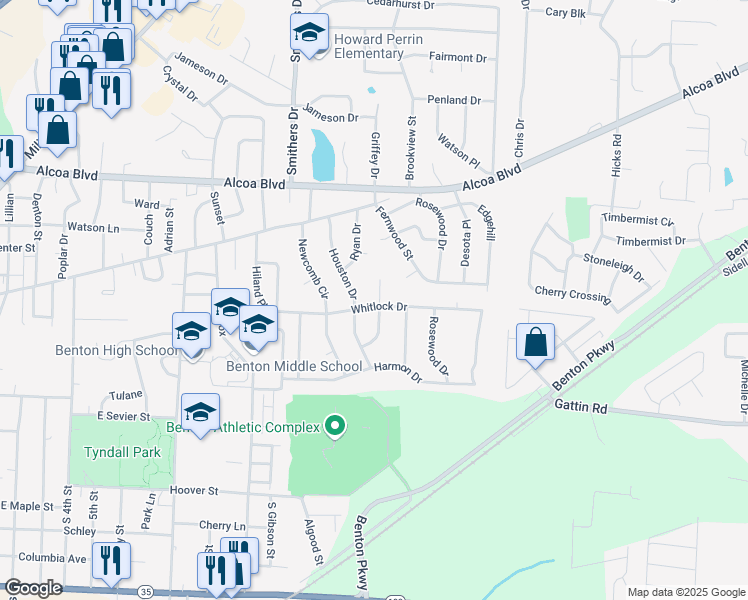 map of restaurants, bars, coffee shops, grocery stores, and more near 1804 Whitlock Drive in Benton
