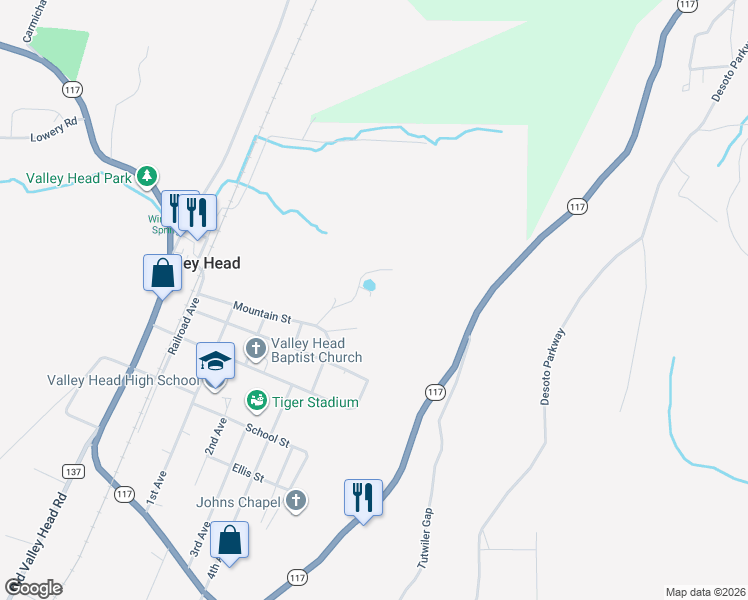 map of restaurants, bars, coffee shops, grocery stores, and more near 144 McNew Drive in Valley Head