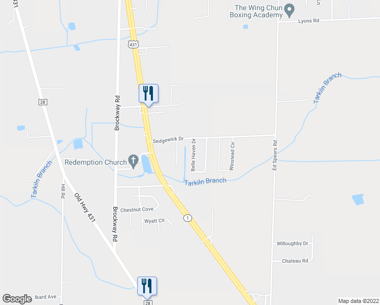 map of restaurants, bars, coffee shops, grocery stores, and more near 114 Belle Haven Drive in Owens Cross Roads