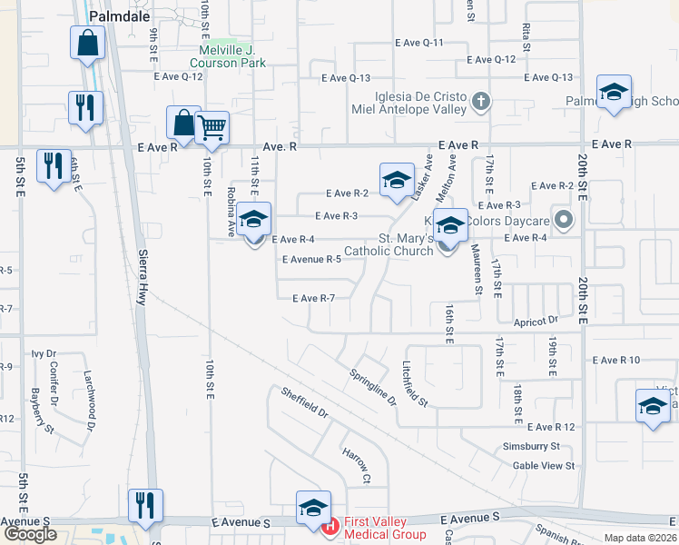 map of restaurants, bars, coffee shops, grocery stores, and more near 1253 East Avenue R 6 in Palmdale