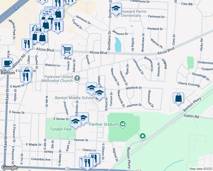 map of restaurants, bars, coffee shops, grocery stores, and more near 11 Hiland Place in Benton