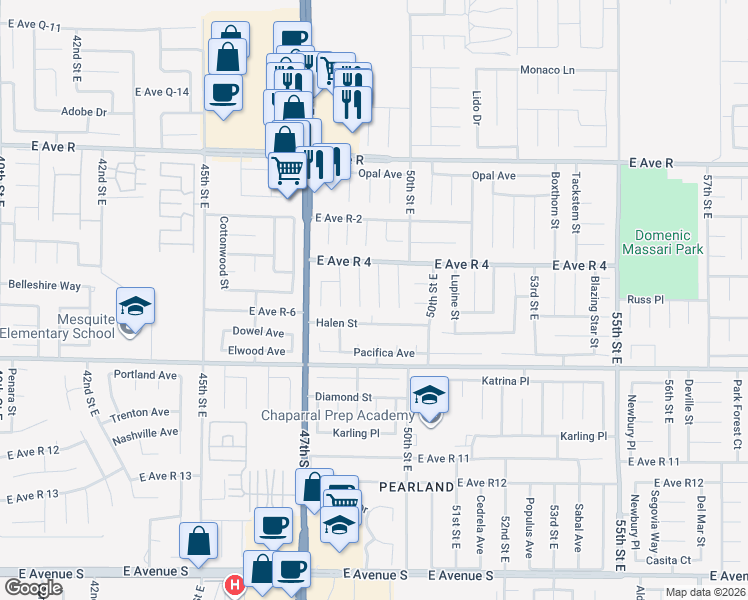 map of restaurants, bars, coffee shops, grocery stores, and more near 37717 49th Street East in Palmdale