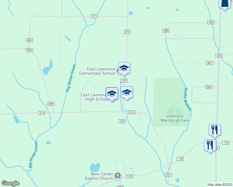 map of restaurants, bars, coffee shops, grocery stores, and more near 99 County Road 370 in Trinity