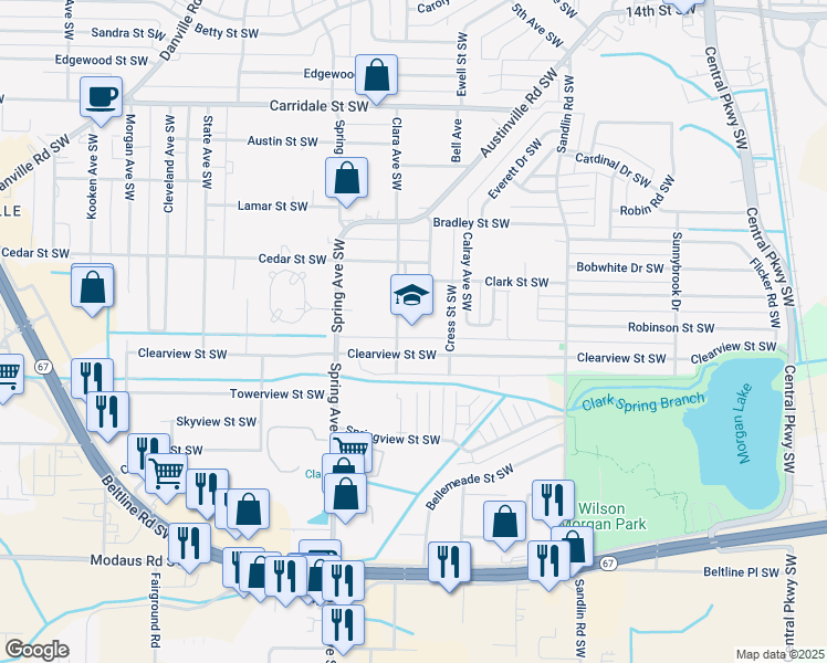 map of restaurants, bars, coffee shops, grocery stores, and more near 2320 Clara Avenue Southwest in Decatur