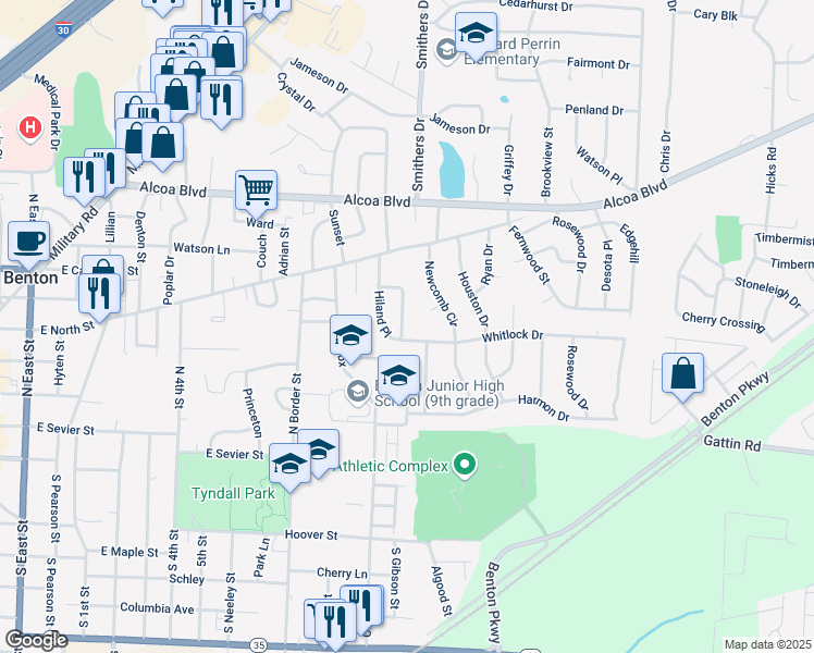 map of restaurants, bars, coffee shops, grocery stores, and more near 26 Hiland Place in Benton
