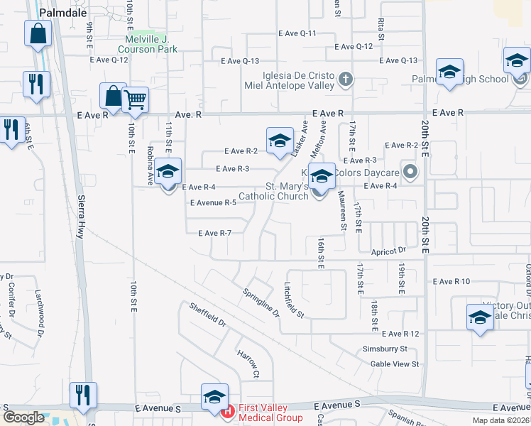 map of restaurants, bars, coffee shops, grocery stores, and more near 37714 Gilworth Avenue in Palmdale