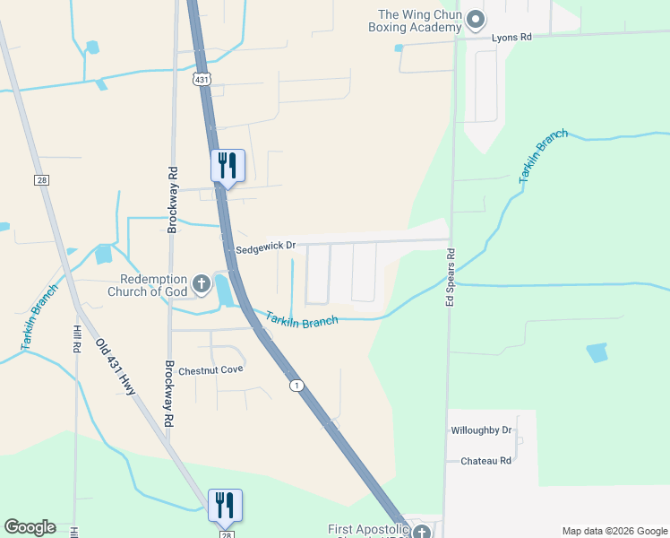 map of restaurants, bars, coffee shops, grocery stores, and more near 118 Winstead Circle in Owens Cross Roads