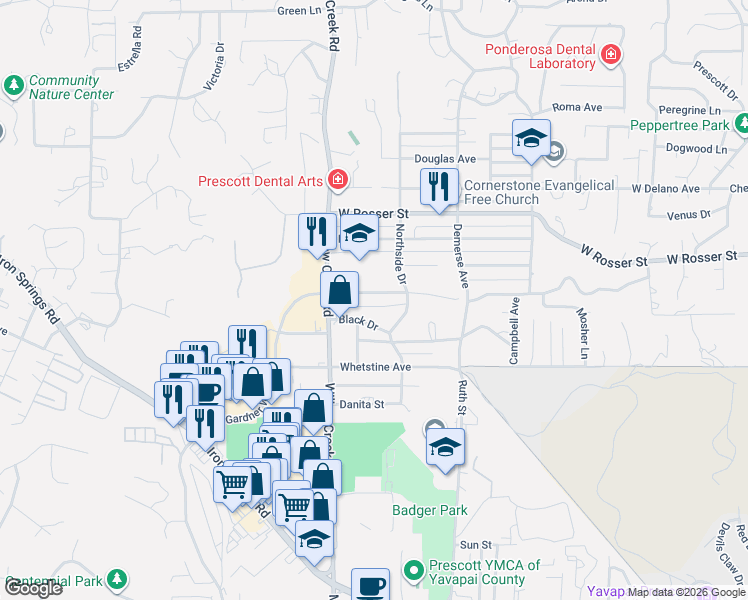 map of restaurants, bars, coffee shops, grocery stores, and more near 828 Black Drive in Prescott