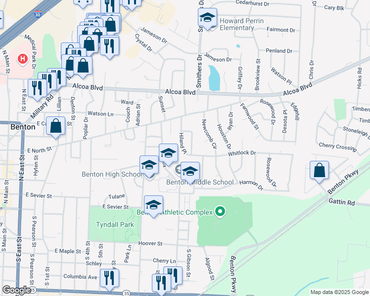 map of restaurants, bars, coffee shops, grocery stores, and more near 11 Hiland Place in Benton