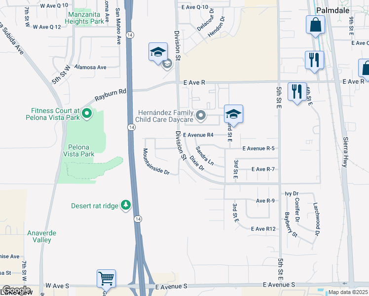 map of restaurants, bars, coffee shops, grocery stores, and more near 37727 Dixie Drive in Palmdale