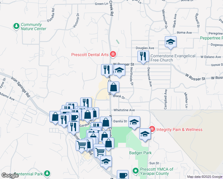 map of restaurants, bars, coffee shops, grocery stores, and more near 1301 Willow Creek Road in Prescott