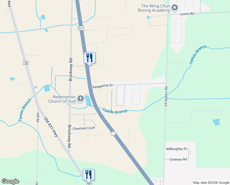 map of restaurants, bars, coffee shops, grocery stores, and more near 117 Belle Haven Drive in Owens Cross Roads