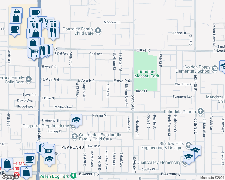 map of restaurants, bars, coffee shops, grocery stores, and more near 37725 Boxthorn Street in Palmdale