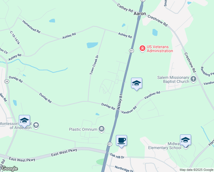 map of restaurants, bars, coffee shops, grocery stores, and more near 102 Village Main in Anderson