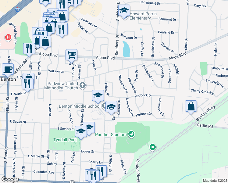 map of restaurants, bars, coffee shops, grocery stores, and more near 11 Hiland Place in Benton