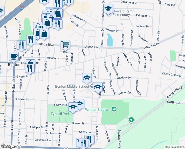 map of restaurants, bars, coffee shops, grocery stores, and more near 506 Cox Street in Benton