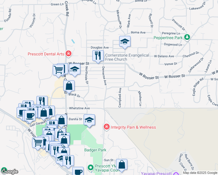 map of restaurants, bars, coffee shops, grocery stores, and more near 687 Prescott Heights Drive in Prescott
