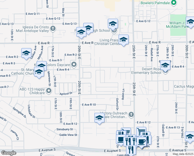 map of restaurants, bars, coffee shops, grocery stores, and more near 37710 Harvey Street in Palmdale