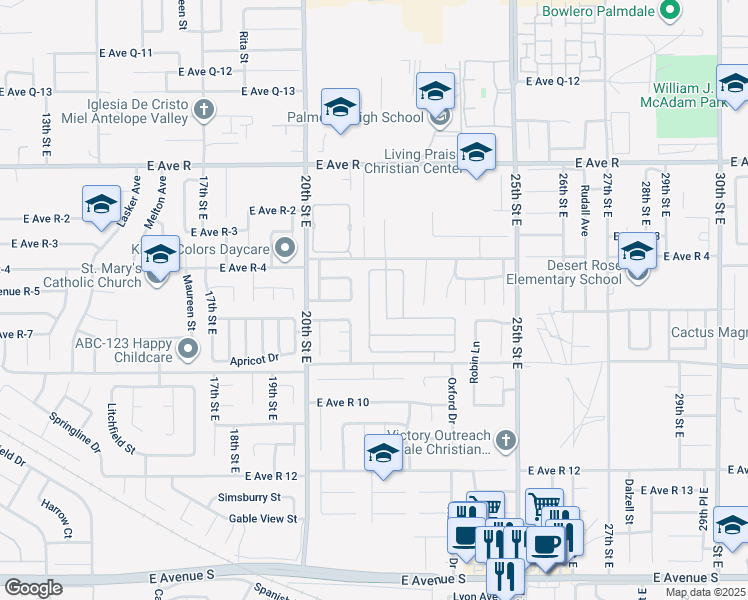 map of restaurants, bars, coffee shops, grocery stores, and more near 37710 Harvey Street in Palmdale
