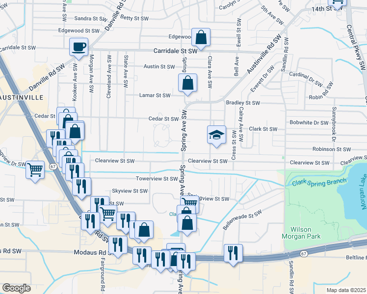 map of restaurants, bars, coffee shops, grocery stores, and more near 2349 Spring Avenue Southwest in Decatur