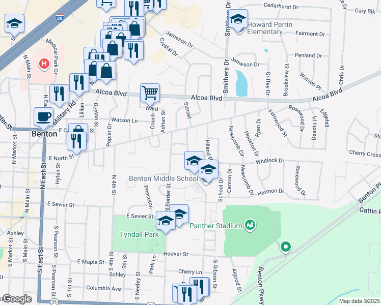 map of restaurants, bars, coffee shops, grocery stores, and more near 506 Cox Street in Benton