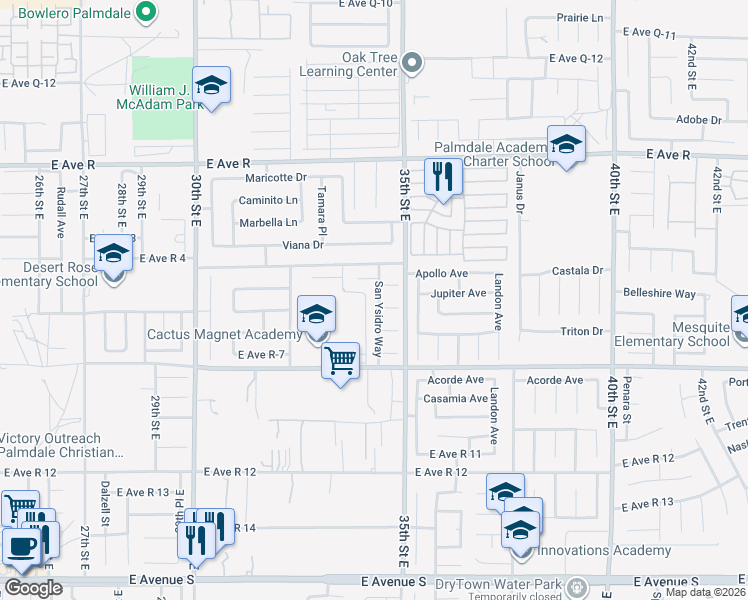 map of restaurants, bars, coffee shops, grocery stores, and more near 37711 San Ysidro Way in Palmdale