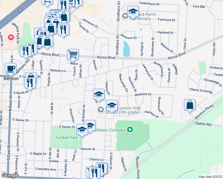 map of restaurants, bars, coffee shops, grocery stores, and more near 13 Hiland Place in Benton