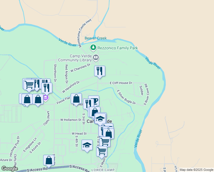 map of restaurants, bars, coffee shops, grocery stores, and more near 90 East Hance Street in Camp Verde