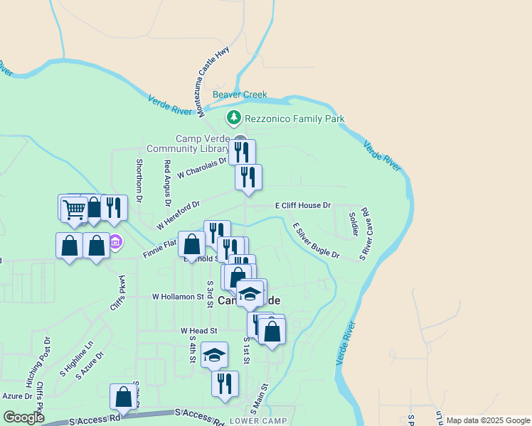 map of restaurants, bars, coffee shops, grocery stores, and more near 90 East Hance Street in Camp Verde
