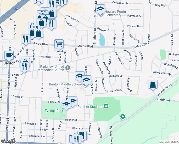 map of restaurants, bars, coffee shops, grocery stores, and more near 11 Hiland Place in Benton