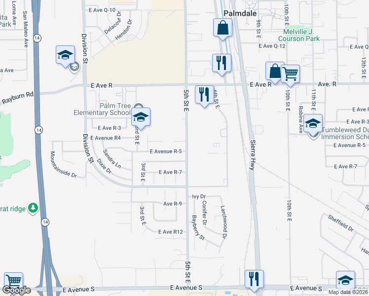 map of restaurants, bars, coffee shops, grocery stores, and more near 461 East Avenue R-5 in Palmdale