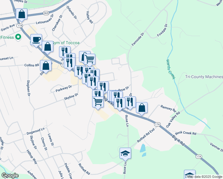 map of restaurants, bars, coffee shops, grocery stores, and more near 74 Bellvue Drive in Toccoa