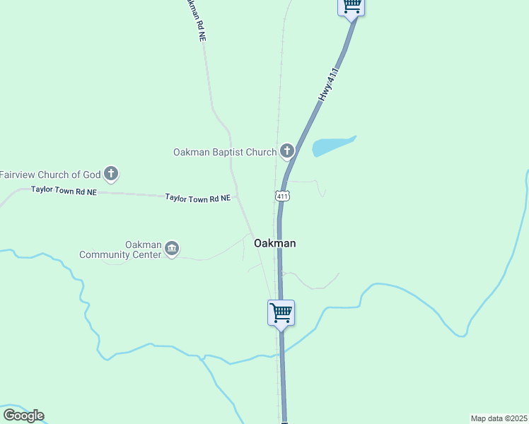 map of restaurants, bars, coffee shops, grocery stores, and more near 223 Oakman Road Northeast in Oakman