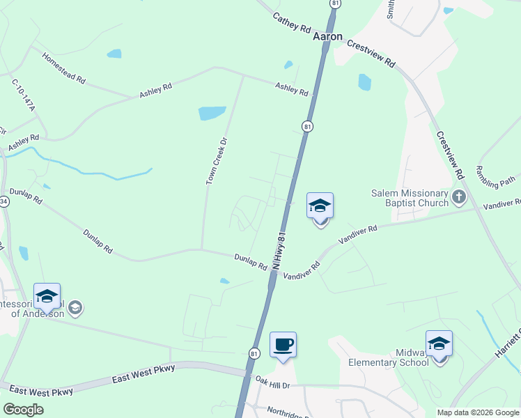 map of restaurants, bars, coffee shops, grocery stores, and more near 102 Village Main in Anderson