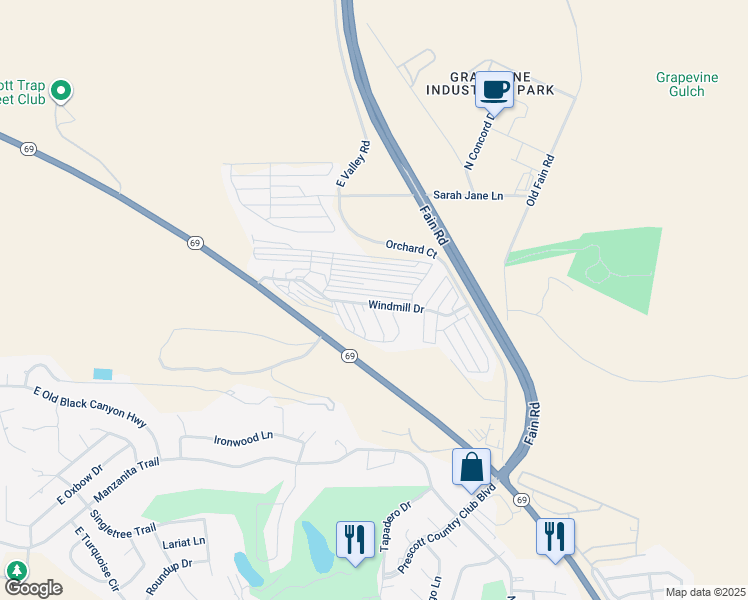 map of restaurants, bars, coffee shops, grocery stores, and more near 11250 Arizona 69 in Prescott Valley