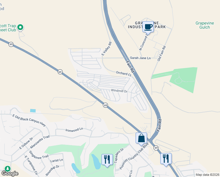 map of restaurants, bars, coffee shops, grocery stores, and more near 1155-1165 Rocking M Lane in Yavapai County