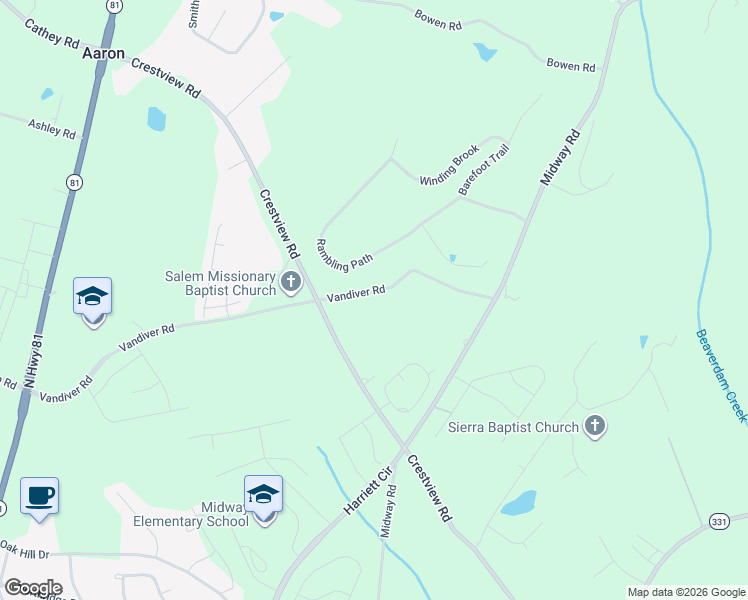 map of restaurants, bars, coffee shops, grocery stores, and more near 1210 Crestview Road in Anderson