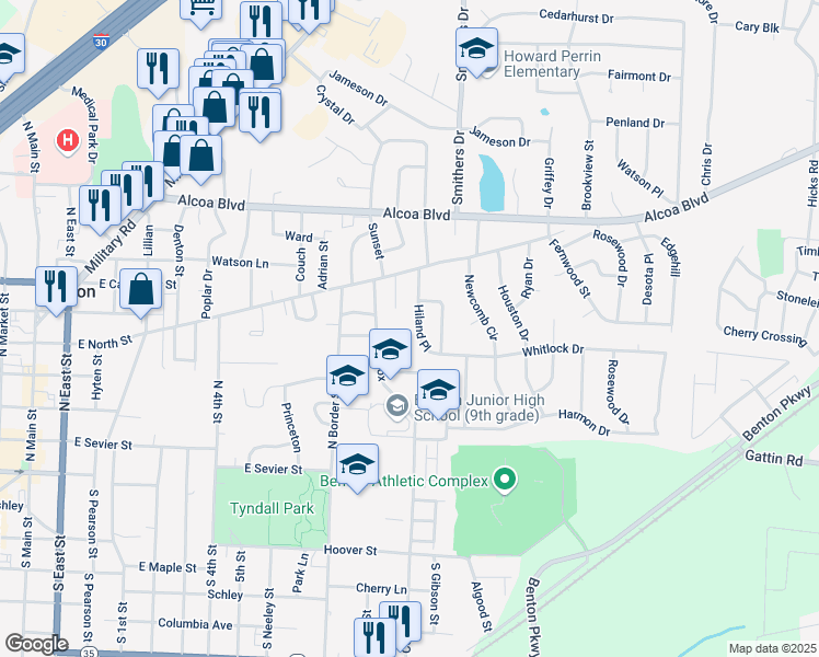 map of restaurants, bars, coffee shops, grocery stores, and more near 506 Cox Street in Benton