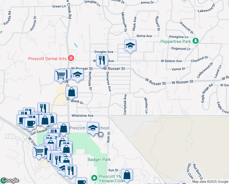 map of restaurants, bars, coffee shops, grocery stores, and more near 687 Prescott Heights Drive in Prescott