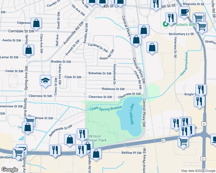map of restaurants, bars, coffee shops, grocery stores, and more near 307 Robinson Street Southwest in Decatur