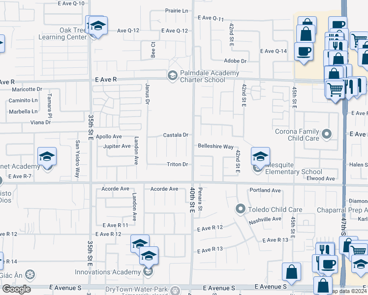 map of restaurants, bars, coffee shops, grocery stores, and more near 37727 Mentor Court in Palmdale
