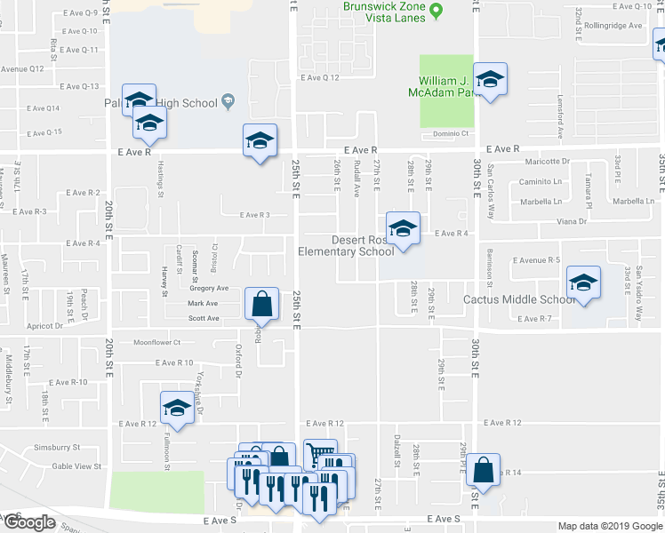 map of restaurants, bars, coffee shops, grocery stores, and more near 37719 26th Street East in Palmdale