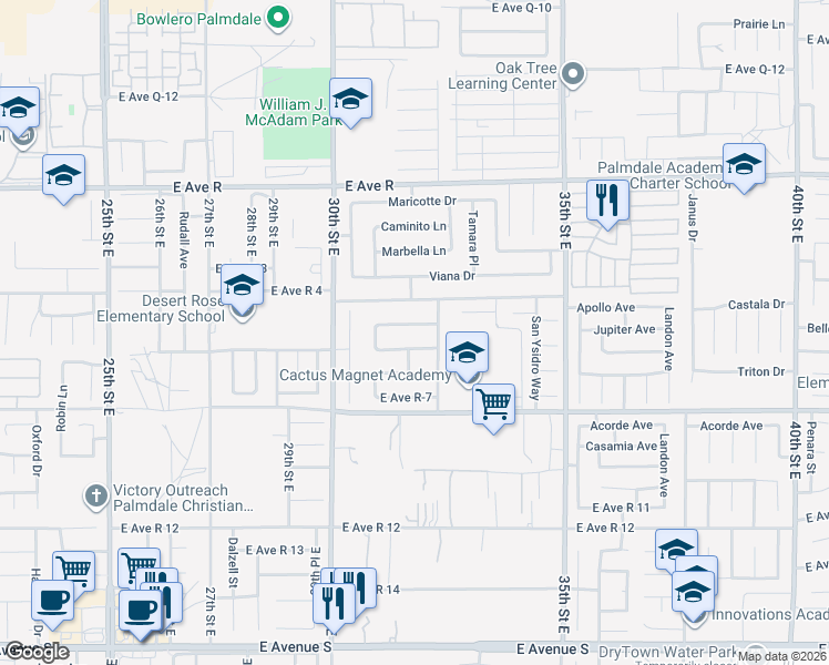 map of restaurants, bars, coffee shops, grocery stores, and more near 38502 31st Street East in Palmdale
