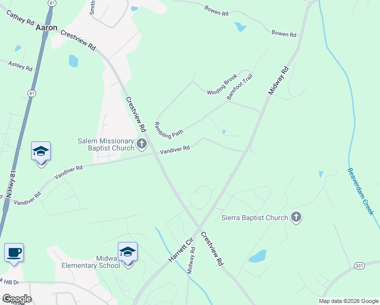 map of restaurants, bars, coffee shops, grocery stores, and more near 1210 Crestview Road in Anderson