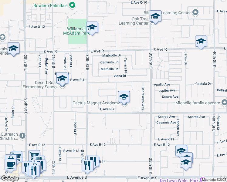 map of restaurants, bars, coffee shops, grocery stores, and more near 3102 East Avenue R 6 in Palmdale