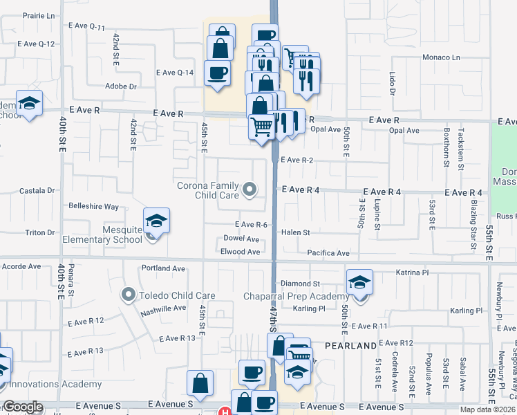 map of restaurants, bars, coffee shops, grocery stores, and more near 4647 East Avenue R-6 in Palmdale