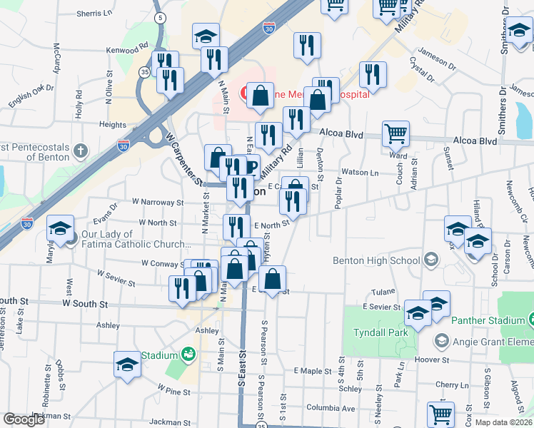 map of restaurants, bars, coffee shops, grocery stores, and more near 219 East North Street in Benton