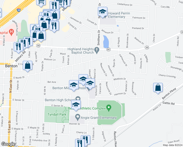 map of restaurants, bars, coffee shops, grocery stores, and more near 11 Hiland Place in Benton