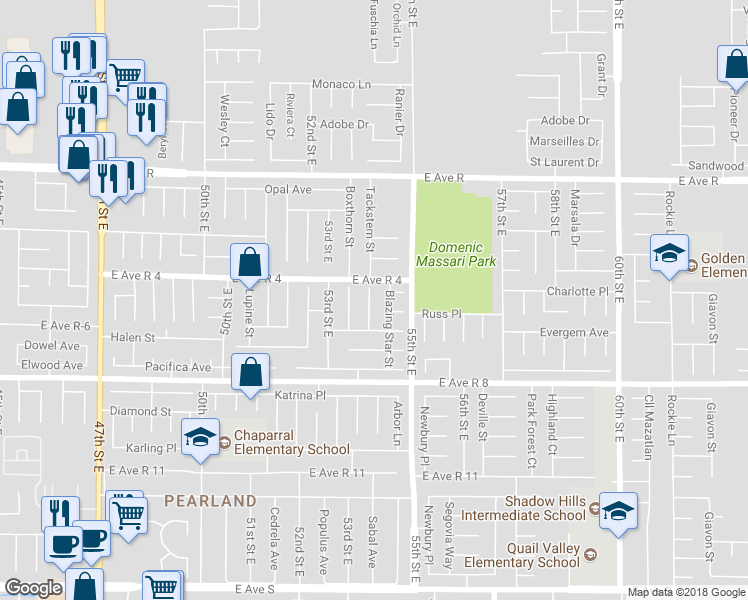map of restaurants, bars, coffee shops, grocery stores, and more near 37734 Tackstem Street in Palmdale